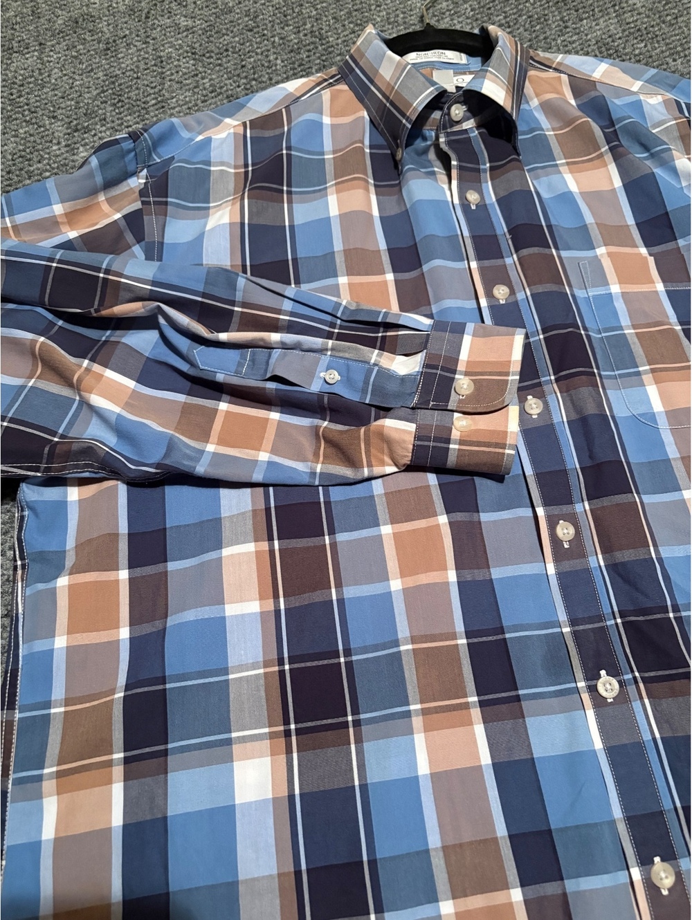 Enro 100% Cotton Brown Blue White Plaid Men's XL Long Sleeve Button Down Shirt